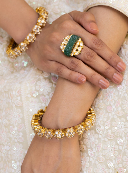 Carved Emerald Polki Ring